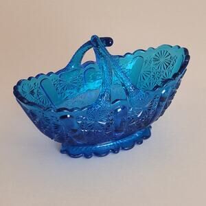 Vintage Fenton Light Blue Daisy Glass Basket Dish with Split Twig Handle